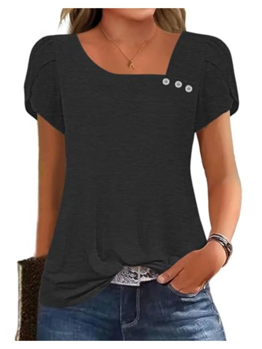 Women's Asymmetric Square Neck Button Petal Sleeve Dressy Blouse